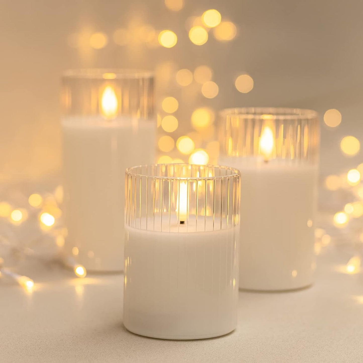 Clear Glass Flickering Flameless Candles Battery Operated with Remote Control, LED Pillar Candles with Timer, Romantic Candles for Bathroom Home Decor, Set of 3