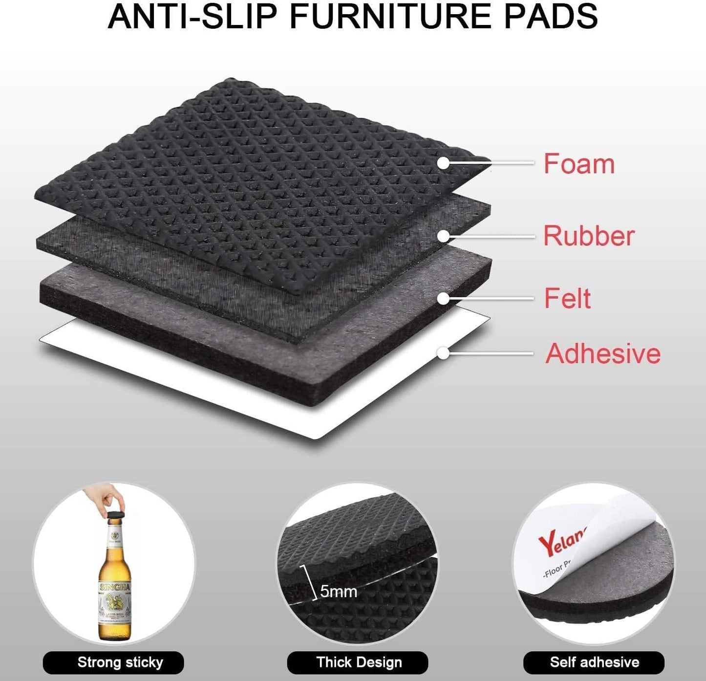 Non Slip Furniture Pads -56 Pcs(1+2)” Furniture Grippers, Non Skid Furniture Legs,Self Adhesive Rubber Furniture Feet, anti Slide Furniture Hardwood Floor Protector for Keep Couch Stoppers