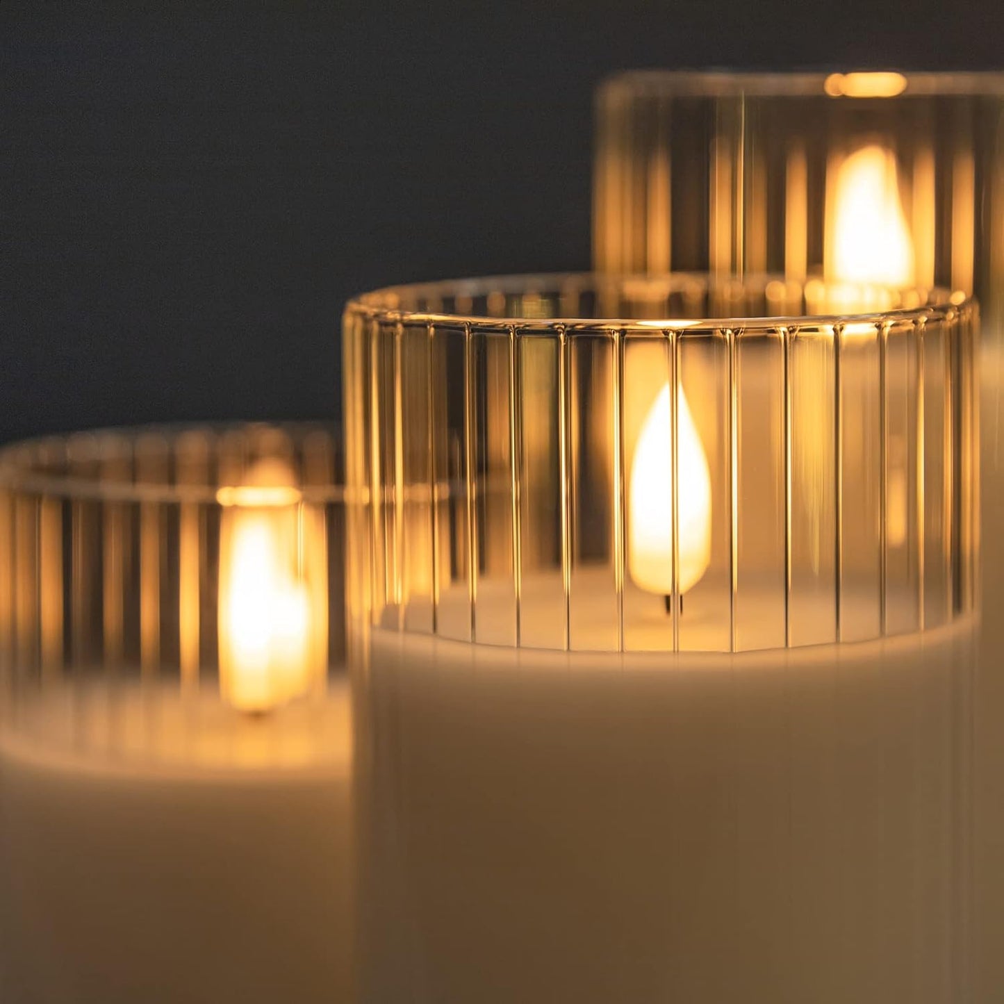 Clear Glass Flickering Flameless Candles Battery Operated with Remote Control, LED Pillar Candles with Timer, Romantic Candles for Bathroom Home Decor, Set of 3