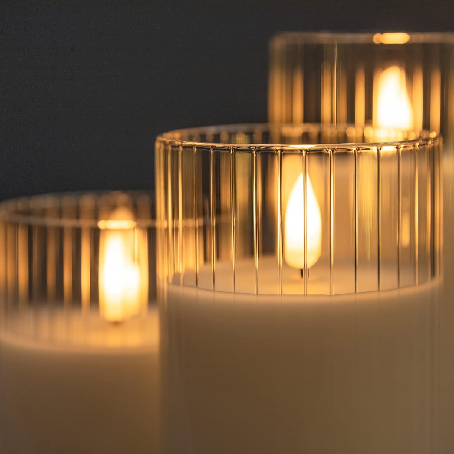 Clear Glass Flickering Flameless Candles Battery Operated with Remote Control, LED Pillar Candles with Timer, Romantic Candles for Bathroom Home Decor, Set of 3