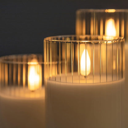 Clear Glass Flickering Flameless Candles Battery Operated with Remote Control, LED Pillar Candles with Timer, Romantic Candles for Bathroom Home Decor, Set of 3