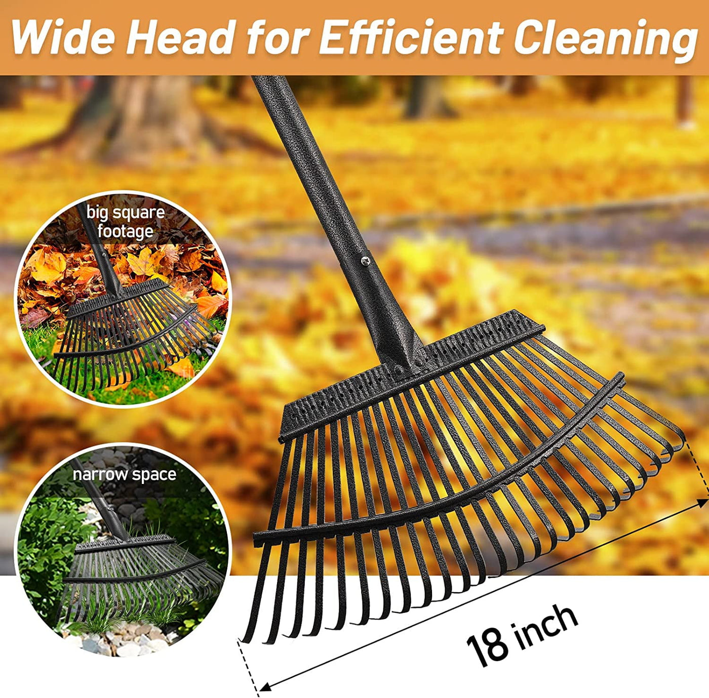 Garden Rake - Large Leaves Rakes for Gardening - 25 Metal Tines 18" Wide - 78" Long Handle Leaf Rakes for Lawns Heavy Duty for Yard Lawn Shrub Garden Beds