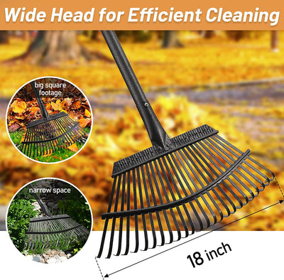 Garden Rake - Large Leaves Rakes for Gardening - 25 Metal Tines 18" Wide - 78" Long Handle Leaf Rakes for Lawns Heavy Duty for Yard Lawn Shrub Garden Beds