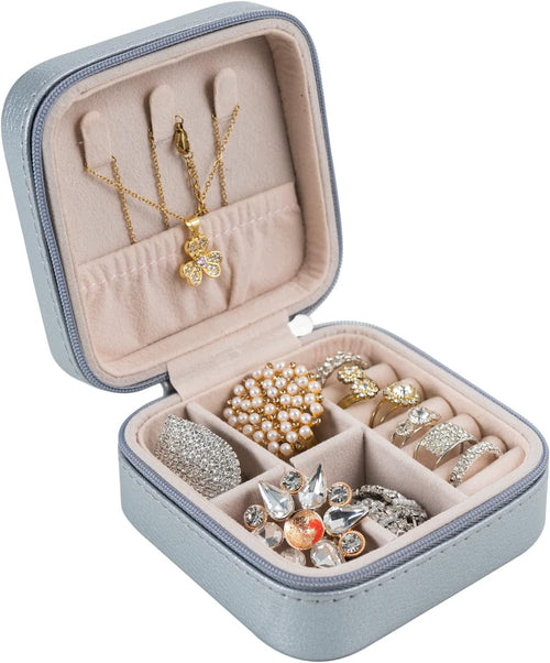 Small Travel Jewelry Organizer Case - Portable Storage Case for Necklace, Earring, Ring, Bracelet - Jewelry Display & Storage Box for Girls & Women (Silver)