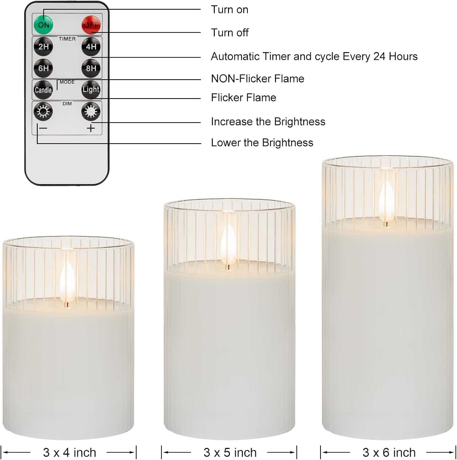 Clear Glass Flickering Flameless Candles Battery Operated with Remote Control, LED Pillar Candles with Timer, Romantic Candles for Bathroom Home Decor, Set of 3