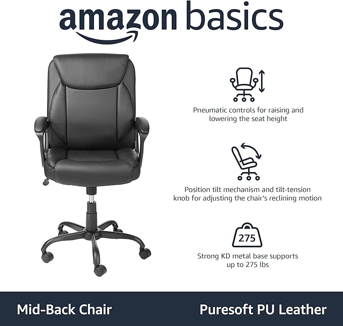 Classic Puresoft PU Padded Mid-Back Height Adjustable Office Computer Desk Chair with Armrest