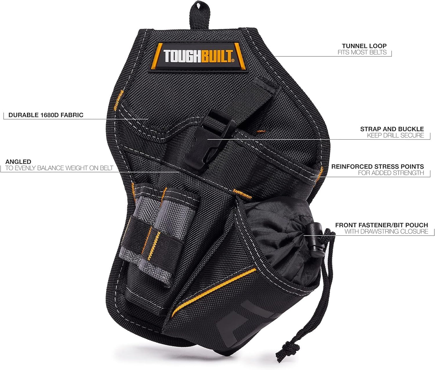 Drill Holster, Heavy-Duty Tool Holster with Cliptech Hub, Adjustable Safety Strap, Bit Pockets, and Rugged 1680D Reinforced Construction for Secure Drill Storage on the Jobsite