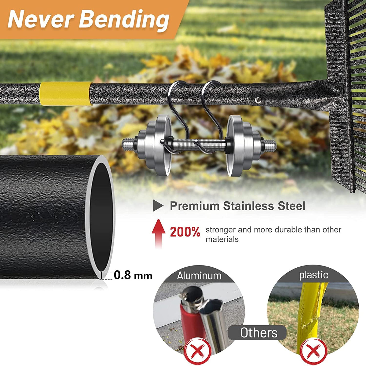 Garden Rake - Large Leaves Rakes for Gardening - 25 Metal Tines 18" Wide - 78" Long Handle Leaf Rakes for Lawns Heavy Duty for Yard Lawn Shrub Garden Beds