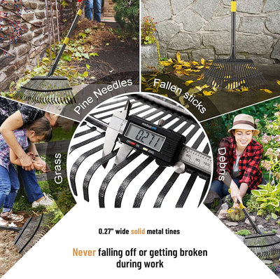 Garden Rake - Large Leaves Rakes for Gardening - 25 Metal Tines 18" Wide - 78" Long Handle Leaf Rakes for Lawns Heavy Duty for Yard Lawn Shrub Garden Beds