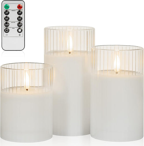 Clear Glass Flickering Flameless Candles Battery Operated with Remote Control, LED Pillar Candles with Timer, Romantic Candles for Bathroom Home Decor, Set of 3