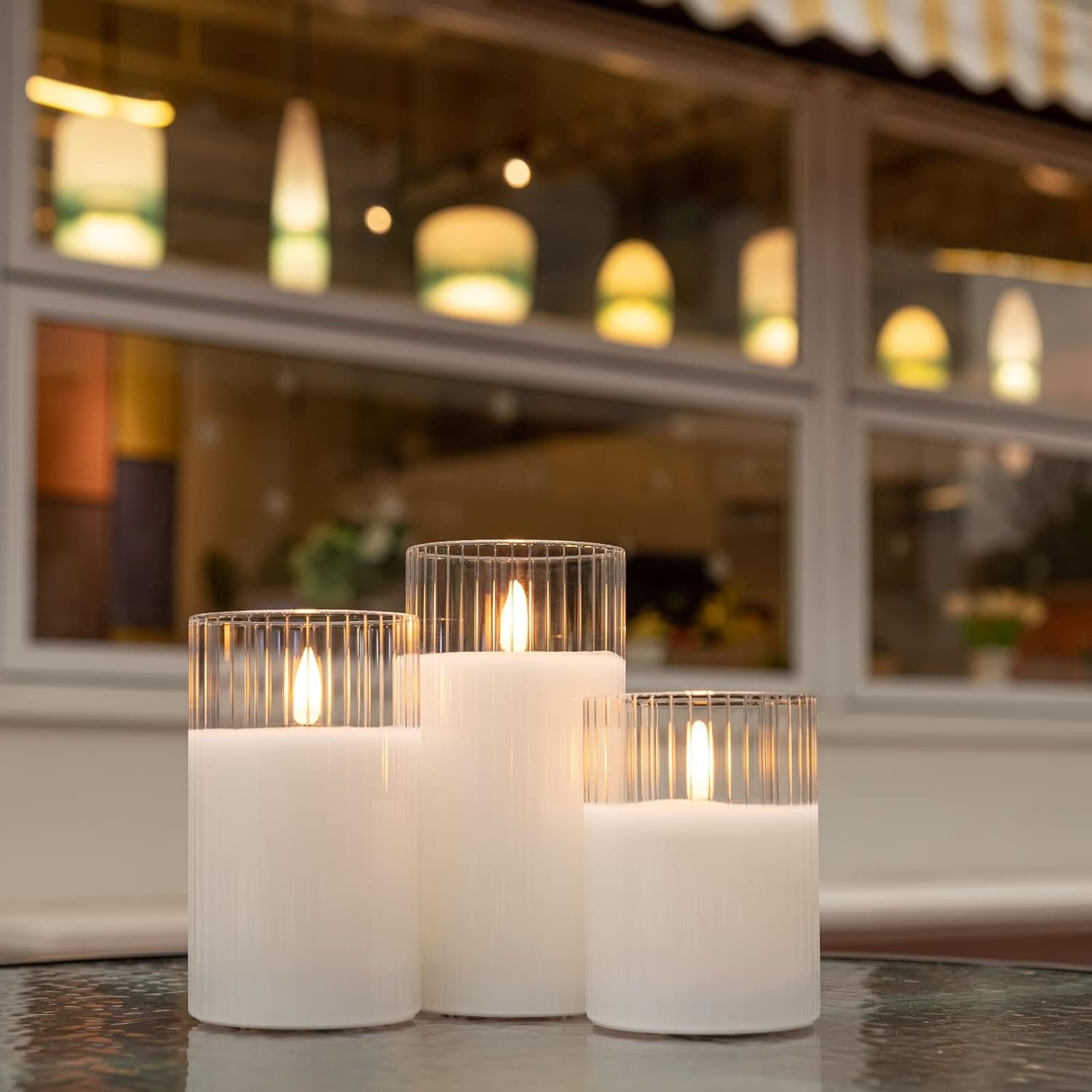 Clear Glass Flickering Flameless Candles Battery Operated with Remote Control, LED Pillar Candles with Timer, Romantic Candles for Bathroom Home Decor, Set of 3